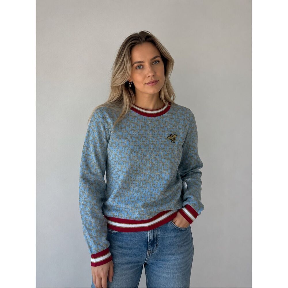 Rare Limited Edition H&M Glitter Bee Knit Sweater Blue Gold Red Women’s Size S